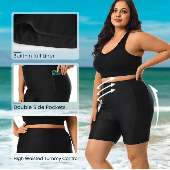 Black swim shorts with pockets and tummy control - Picture 2 of 7